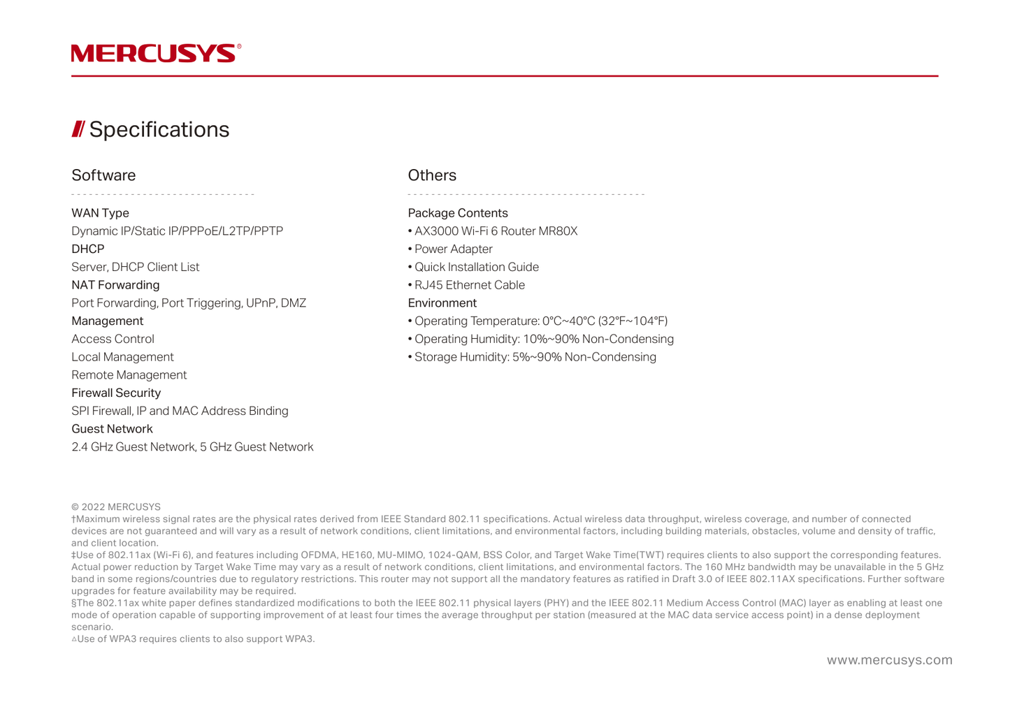 Router Wi-Fi 6 Mercusys MR80X AX3000 MU-MIMO OFDMA 1x RJ45 WAN y 3x RJ45 LAN gigabit 4 antenas 5dBi modo AP SmartConnect