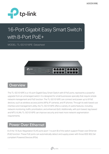 Switch Easy Smart TP-Link TL-SG1016PE metálico 16 puertos gigabit (8 puertos PoE+ 802.3at max. 110W) con montura para rack