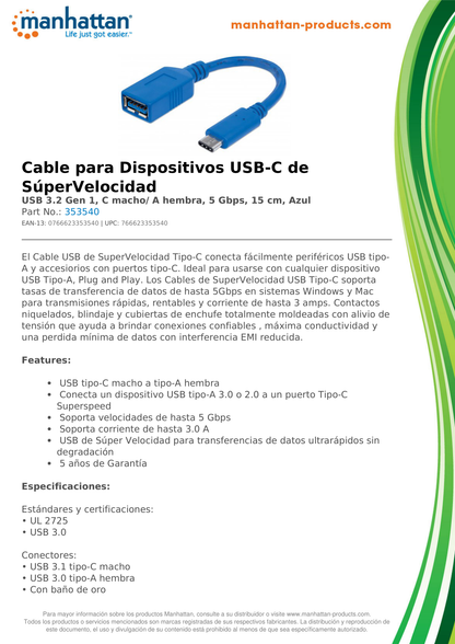 CABLE MANHATTAN USB-C V3.1 C-AH 15CM AZUL