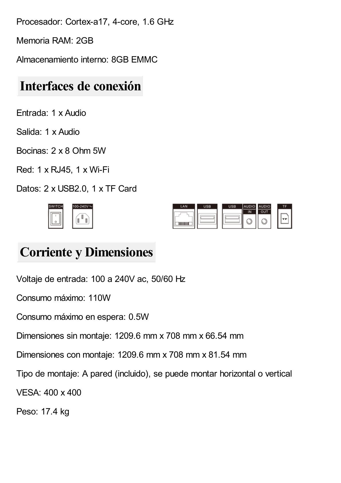 Pantalla LED de 55" para Publicidad Digital / Programación de Horarios / Contenido Personalizado / Sistema Operativo Android / 2 Entradas USB / WiFi