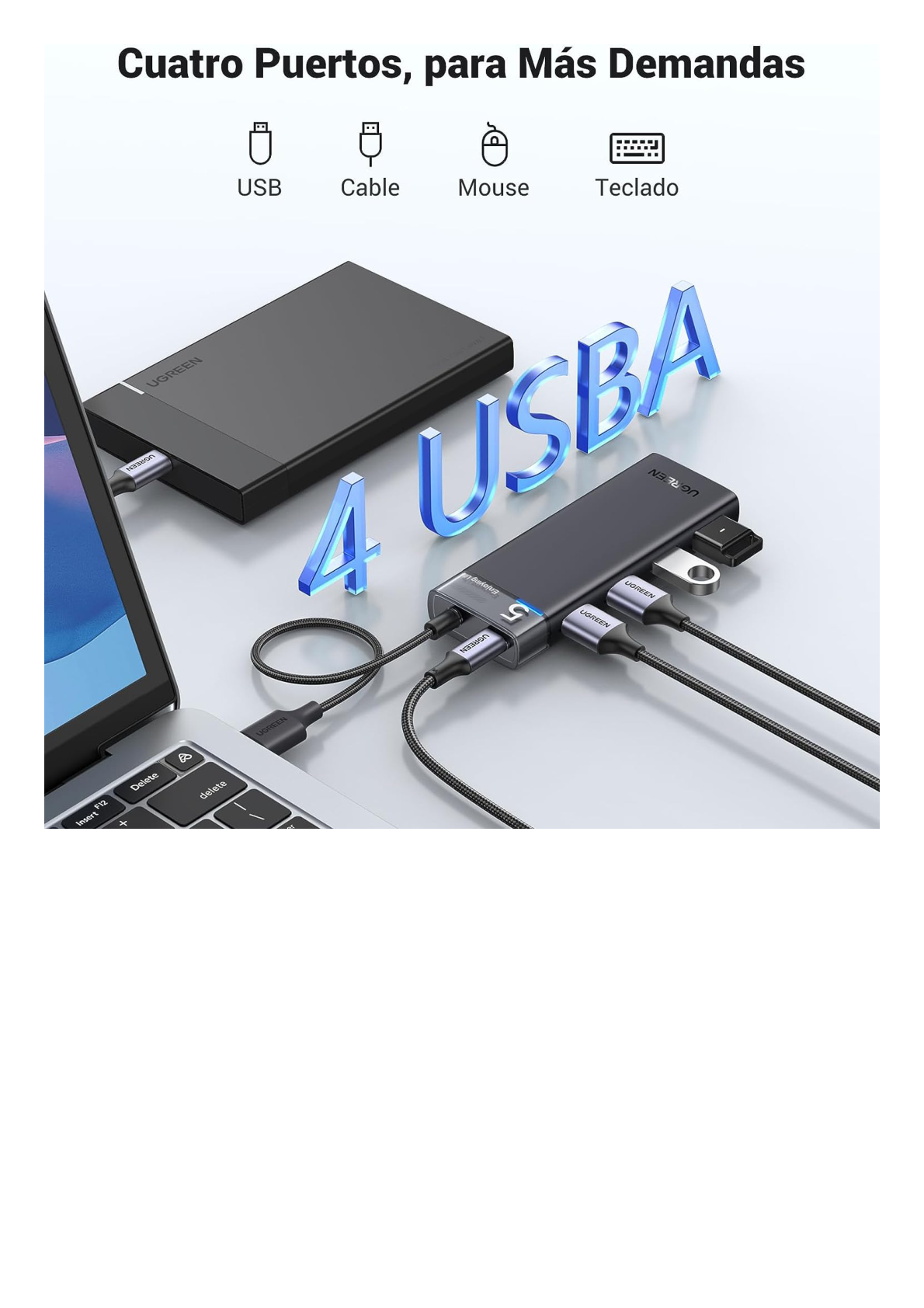 HUB USB-A 3.2 Gen1 4 EN 1 | 4 Puertos USB-A (5Gbps) | Carcasa ABS + PC | Soporta OTG | Luz Indicadora LED | Cable de Nylon Trenzado de 20cm (Mas de 20000 flexiones) | Interfaz Niquelada | Color Gris Metalizado.