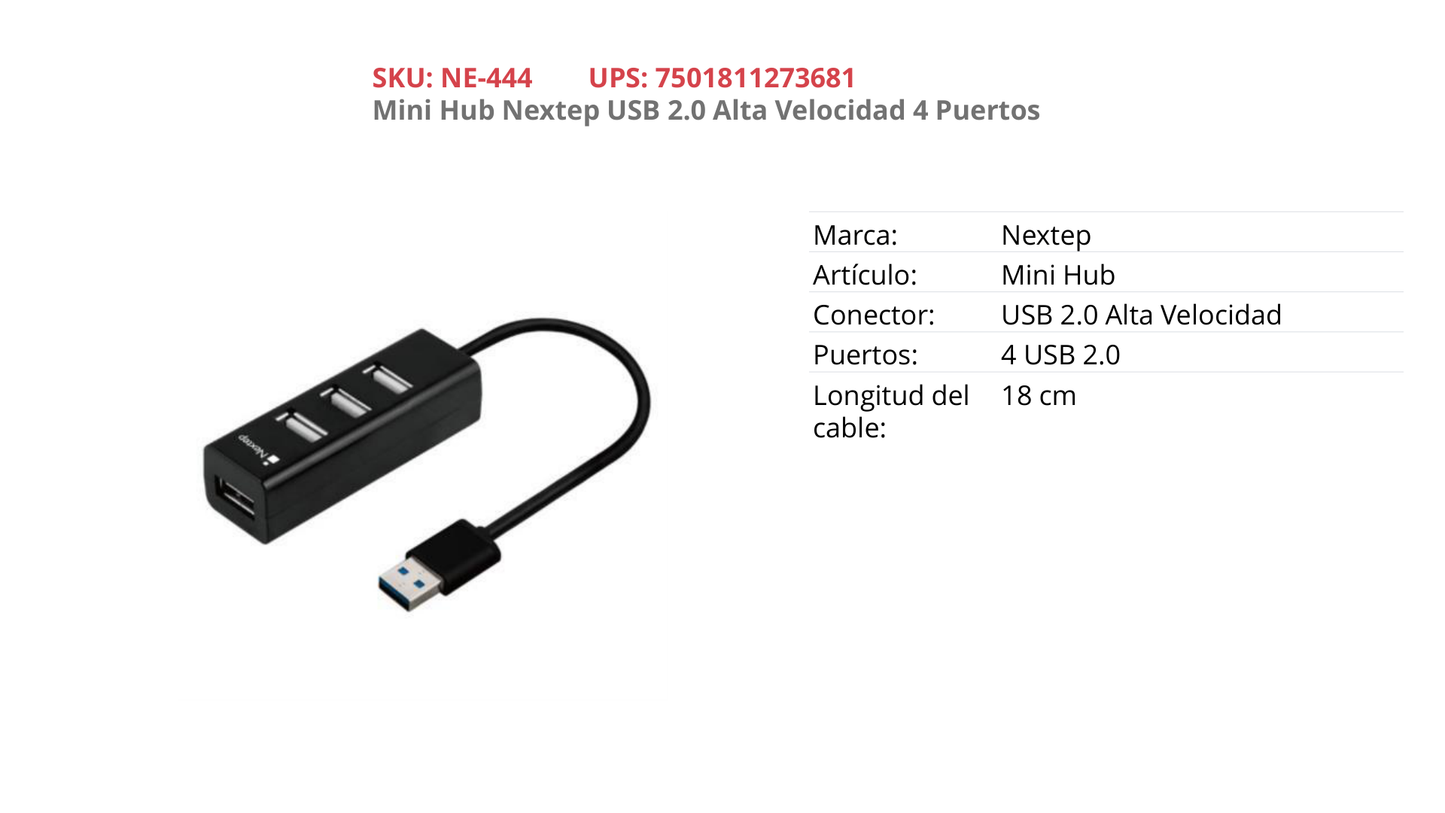 MINI HUB NEXTEP USB 2.0 ALTA VELOCIDAD 4 PUERTOS NEGRO NE-444