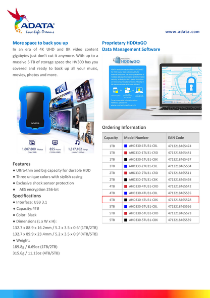 HD EXT 4 TB ADATA 2.5 USB 3.1 AHD330-4TU31-CBK CONTRA GOLPES NEGRO