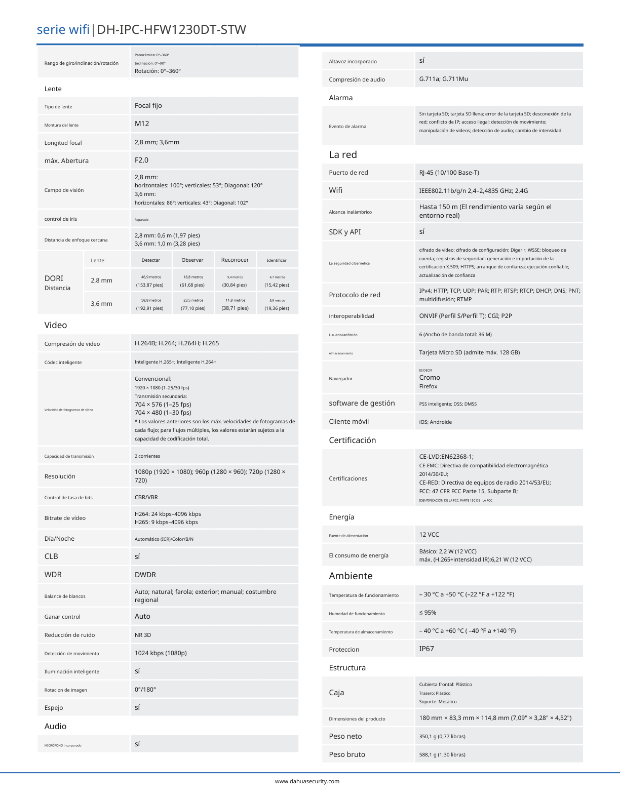 Camara Dahua DH-IPC-HFW1230DT-STW IP bullet WIFI 2 mpx lente de 2.8 mm 100 gds de apertura IR 30 m microfono IP67