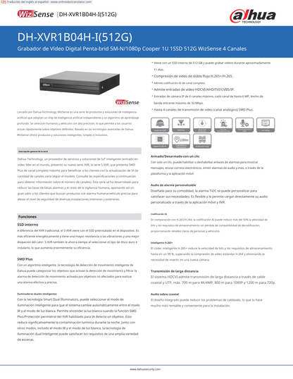 DVR Dahua DH-XVR1B04H-I-SSD 4 canales 5 mpx lite con disco ssd de 512gb wizsense h.265 4 canales con smd plus busqueda inteligente