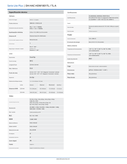 Camara Dahua DH-HAC-HDW1801TLMN-IL-A domo full color 4 k lente 2.8 mm IR 20 m metalica exterior microfono integrado iluminador dual inteligente IP67