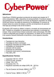 UPS de 550 VA/275 W, Topología Línea Interactiva, Entrada 120 Vca NEMA 5-15P, y 8 Salidas NEMA 5-15R, Puerto USB, Con Regulador de Voltaje (AVR)