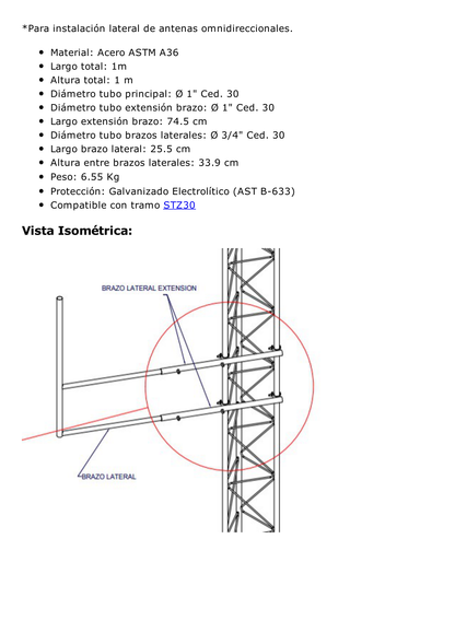 Brazo tipo "F" para tramos STZ-30, galvanizado por electrólisis.