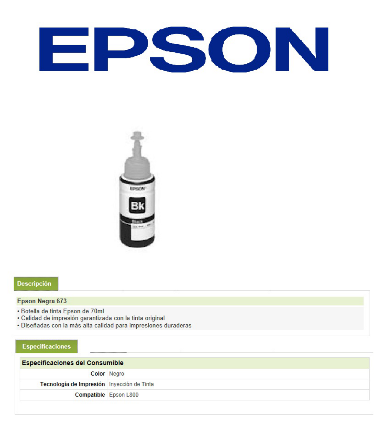 TINTA EPSON 673 T673120-AL NEGRO BOTE L805/L810/L800/L850/L1800 70ML