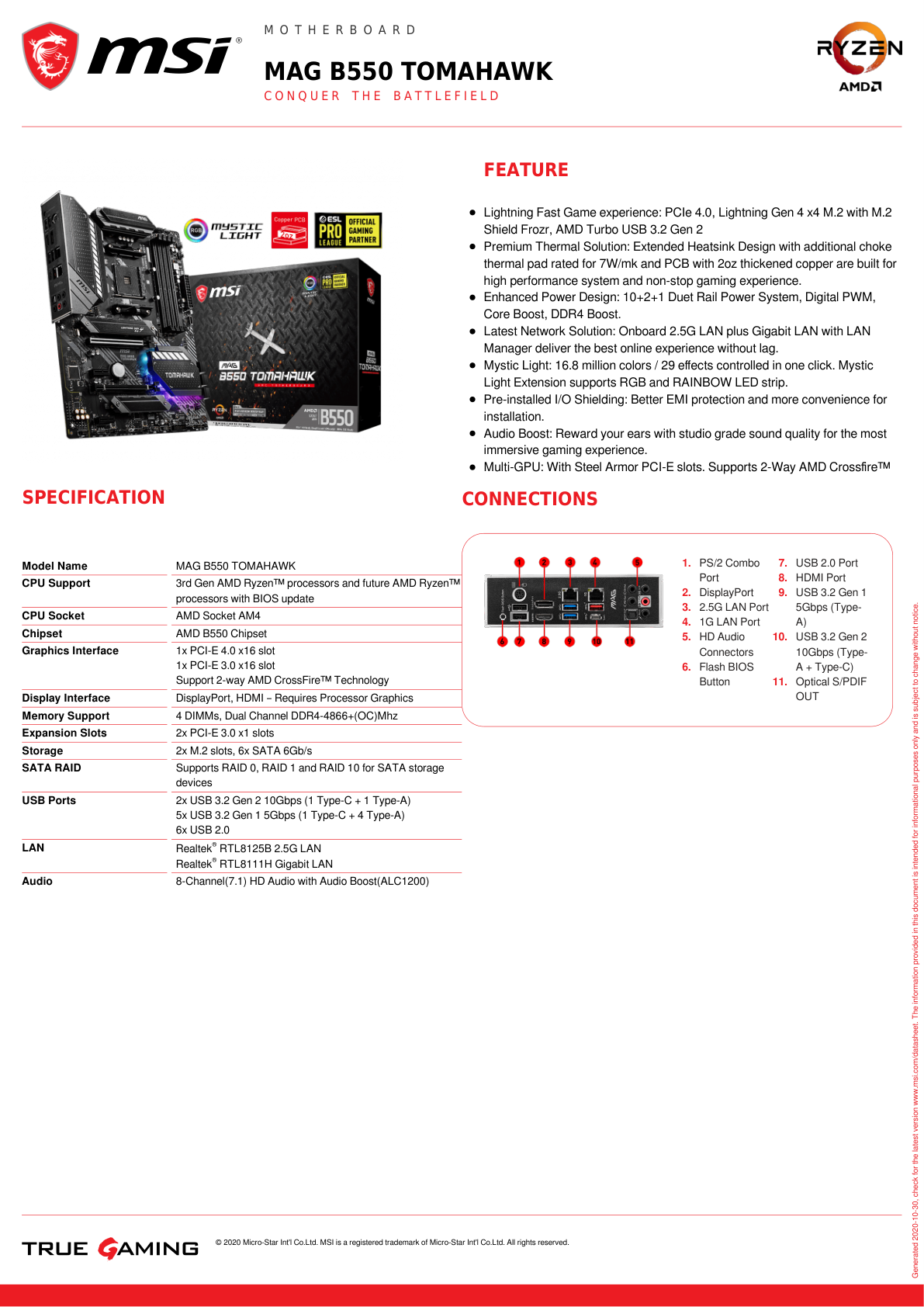 Tarjeta madre MSI MAG B550 Tomahawk socket AM4 4xDDR4 HDMI DP ATX