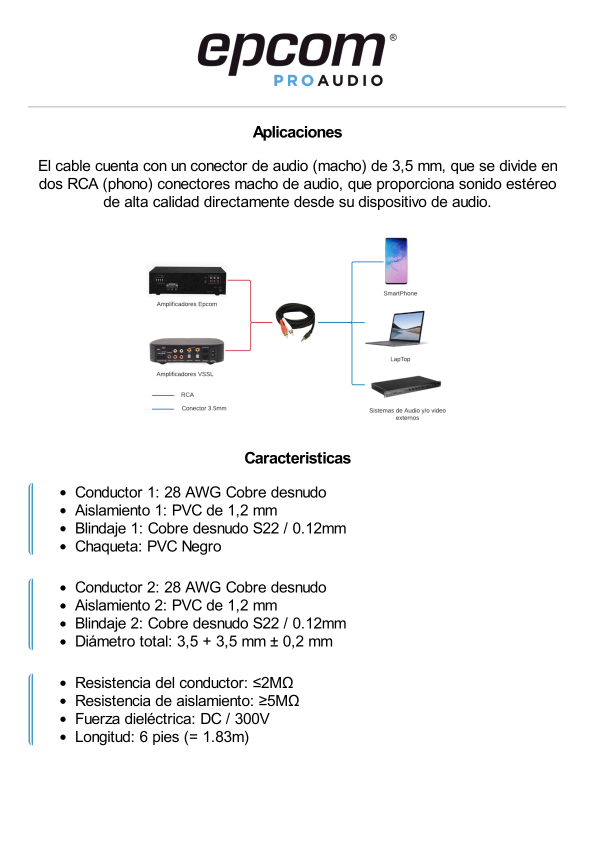 Convertidor 3.5mm Estéreo a 2 RCA Macho 1.83m | para Aplicaciones de Audio | Compatible con Amplificadores VSSL y Epcom ProAudio