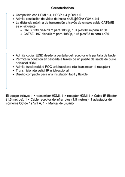 Kit Extensor HDMI | 4K2K@40m | 1080p@70m | Cat5e/Cat6 | Soporte PoC | HDMI Loop | Transmisión IR