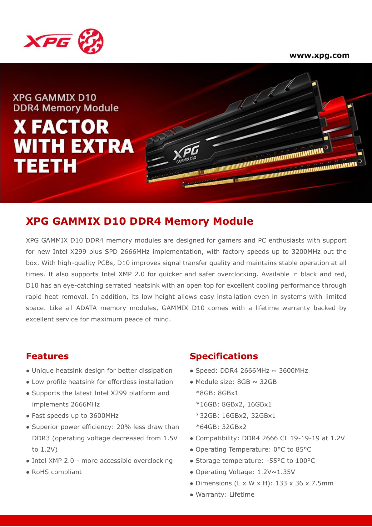 MEMORIA ADATA 8GB DDR4 3000MHZ XPG D10 GAMMIX DISIPADOR ROJO AX4U30008G16A-SR10