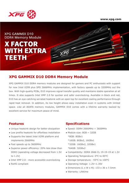 MEMORIA ADATA 8GB DDR4 3000MHZ XPG D10 GAMMIX DISIPADOR ROJO AX4U30008G16A-SR10