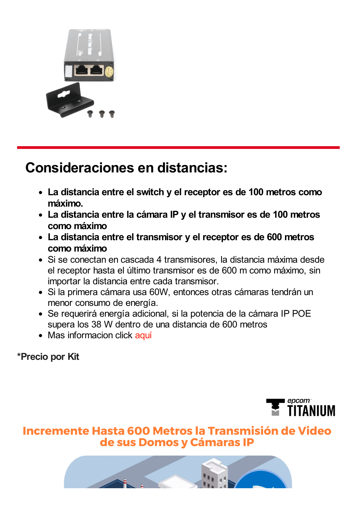 (POE 600 METROS) Transmisor para Extensor PoE TT-8001R  / 1 Puerto  para recepción de video y alimentación (PoE) / IDEAL PARA DOMOS Y CAMARAS IP / Conexión en Cascada / Soporta PTZ´s de 60 W / Soporta IEEE802.3af/at