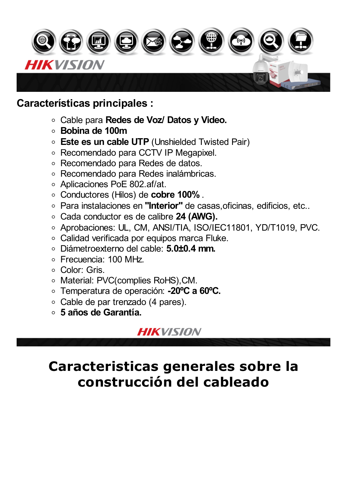 Bobina de Cable UTP 100 Mts / Cat 5E (24 AWG) / Color Blanco / PVC (CM) / Uso en Interior / 100% Cobre / Aplicaciones de CCTV y Redes de Datos