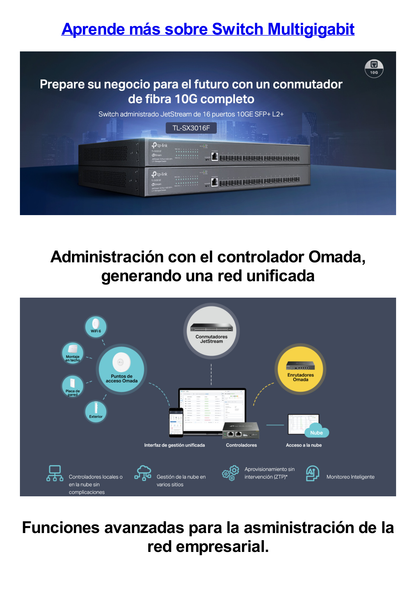 Switch Fibra Óptica L2+ Omada / 16 Puertos SFP+ 10G / 2 Puertos Consola (RJ45 y micro-USB) / Administración Centralizada Omada o Stand-Alone / Multicast IGMP / Calidad de Servicio / Montaje en Rack / Silencioso (sin ventiladores)