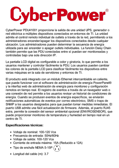 PDU Switchable por Toma, Para Distribución de Energía, Entrada 120 Vca NEMA 5-15P, Con 8 Salidas NEMA 5-15R, Horizontal 19in, 1UR