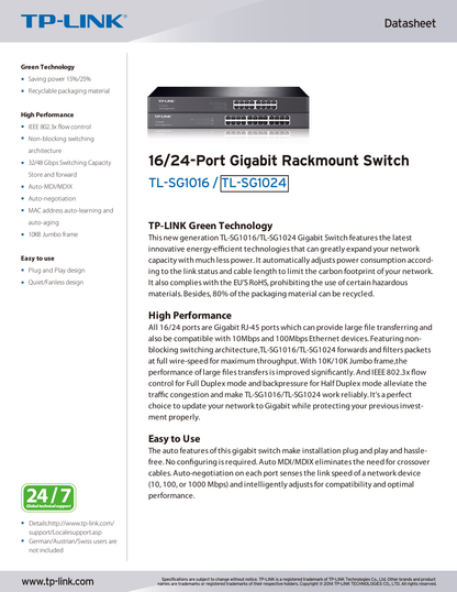 Switch TP-Link TL-SG1024 metálico montura rack 24 puertos gigabit 10/100/1000M no administrable