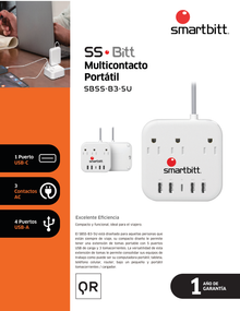 Multicontacto portátil Smartbitt SBSS-B3-5U 3 NEMA 5-15R 1 x USB-C 5V-3A y 4 x USB-A 5V-2.4A longitud de cable 1.5M