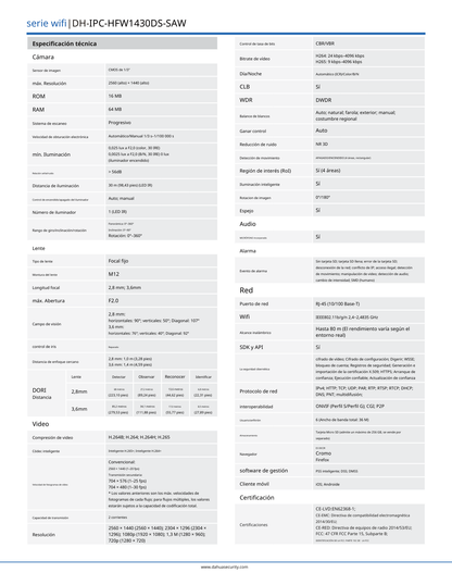 Camara Dahua DH-IPC-HFW1430DS-SAW IP bullet WIFI 4 mpx lente 2.8 mm IR 30 m metalica microfono 90 gds apertura h.265 IP67