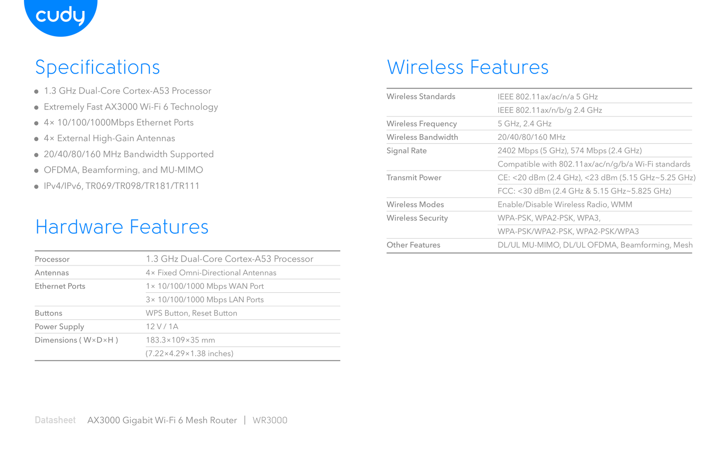 Router Wi-Fi 6 Mesh Cudy WR3000 AX3000 160 MHz OFDMA  Beamforming y MU-MIMO 1 x WAN y 3 x LAN gigabit 4 antenas externas high gain