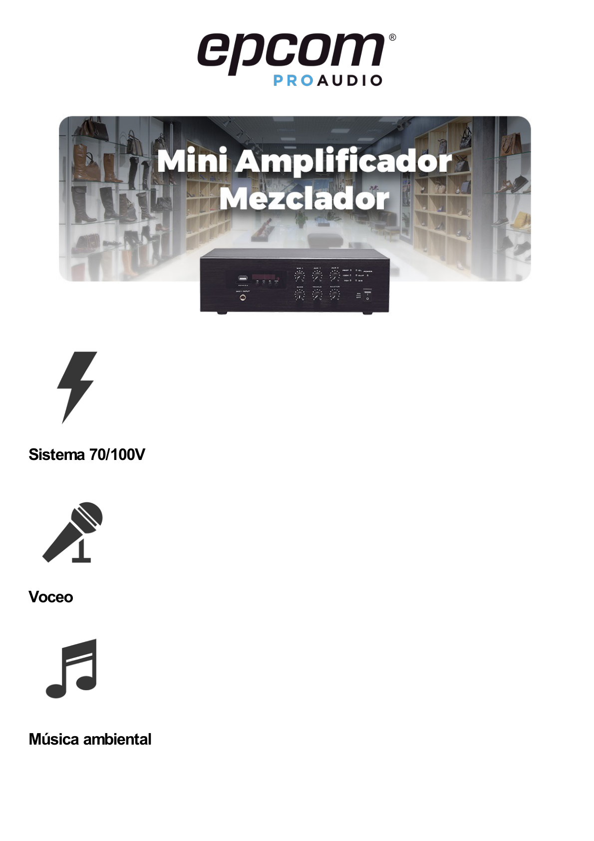 Mini Amplificador de Audio Mezclador | 120W RMS | Sistema 70/100V | MP3 | Tuner | Bluetooth | Musica ambiental y Voceo