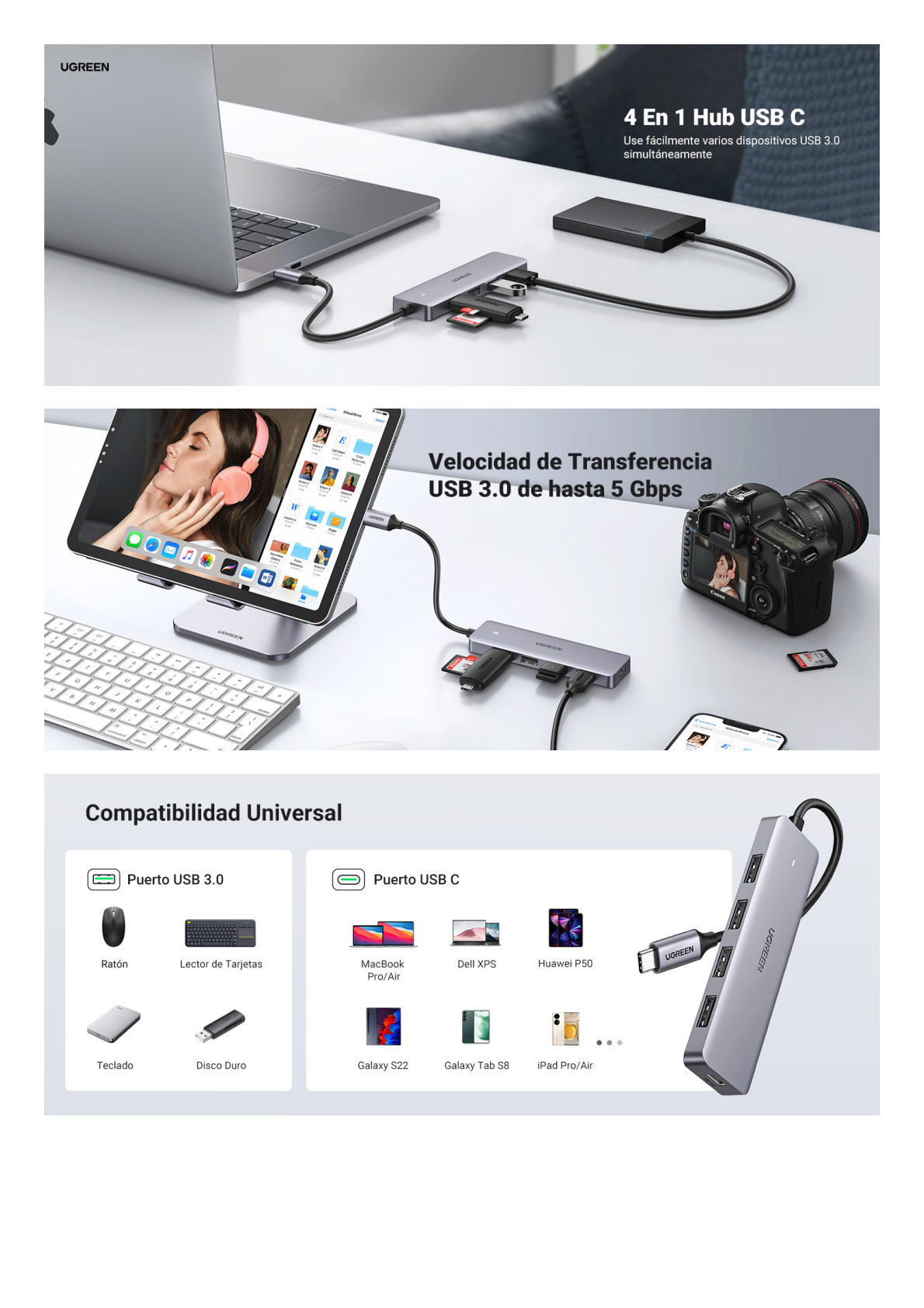 HUB USB-C 3.0 4 EN 1 | 4 Puertos USB-A (5Gbps) | Carcasa ABS + PC | Soporta OTG | Luz Indicadora LED | Compatible con iPhone 15 Pro MAX) | Interfaz Niquelada | Color Gris Metalizado | Cable de 15cm.