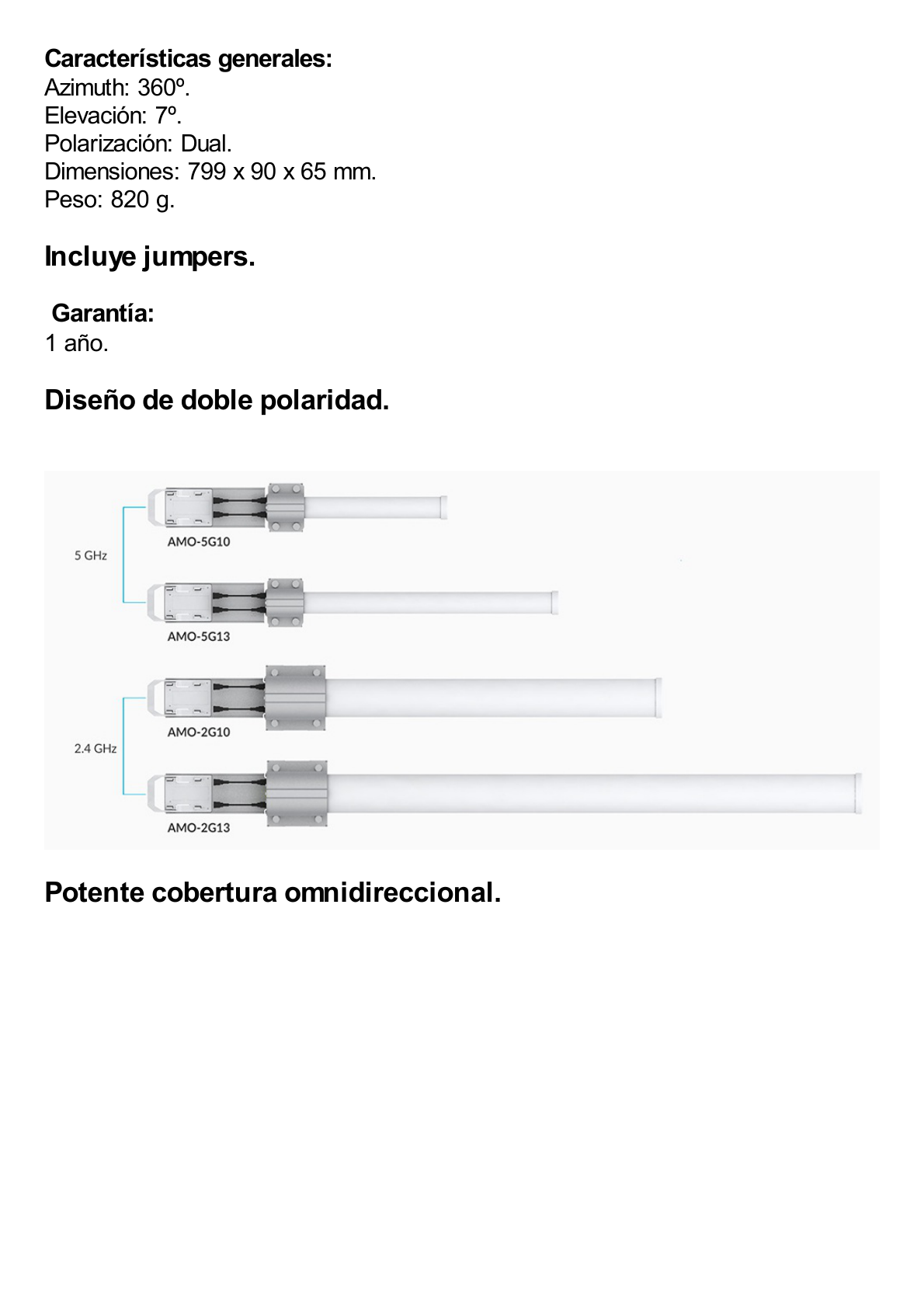 Antena omnidireccional, potente cobertura de 360°, doble polaridad MIMO 2x2, frecuencia 5 GHz (5.45-5.85 GHz) de 13 dBi
