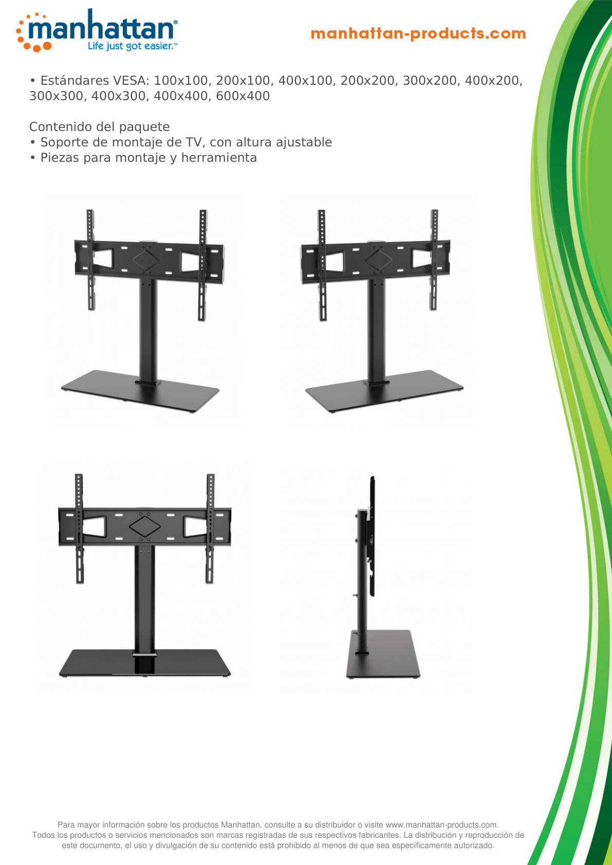 Soporte Manhattan Para TV 32 a 65 en Mesa 45Kg Altura Ajustable Base de Vidrio