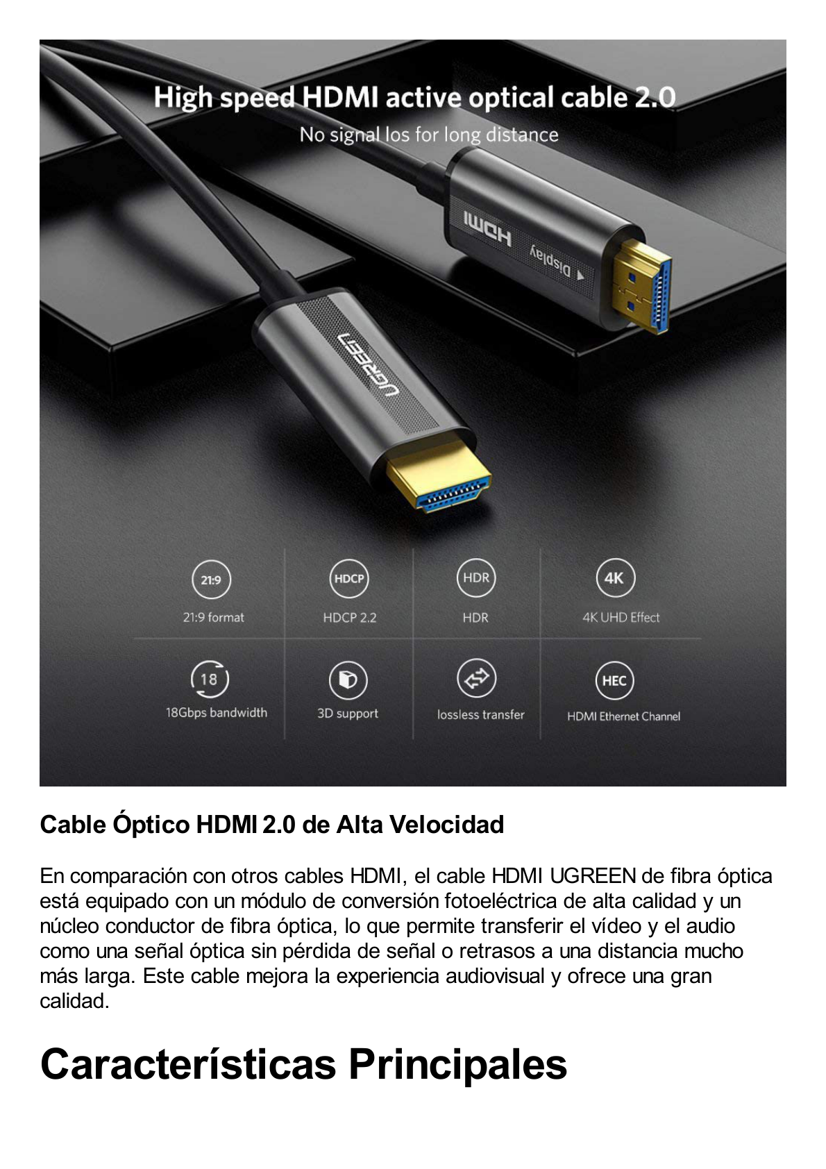 Cable HDMI de 30 Metros por Fibra Óptica 4K@60Hz | Fibra de 4 núcleos + Cobre estañado de 7 núcleos | Compatible con HDMI 2.0 | Alta velocidad 18 Gbps | 3D | HDR | Carcasa de  Zinc | Premium | 2 Años de Garantía.