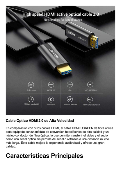 Cable HDMI de 15 Metros por Fibra Óptica 4K@60Hz | Fibra de 4 núcleos + Cobre estañado de 7 núcleos | Compatible con HDMI 2.0 | Alta velocidad 18 Gbps | 3D | HDR | Carcasa de  Zinc | Premium | 2 Años de Garantía.