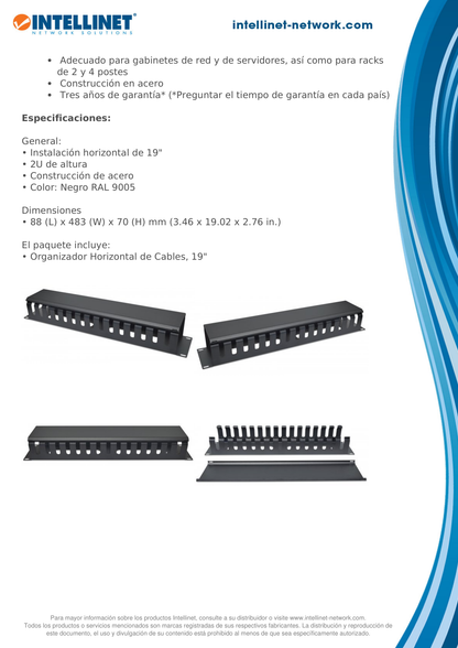 ORGANIZADOR DE CABLES INTELLINET HORIZONTAL PARA RACK 19 2U METALICO