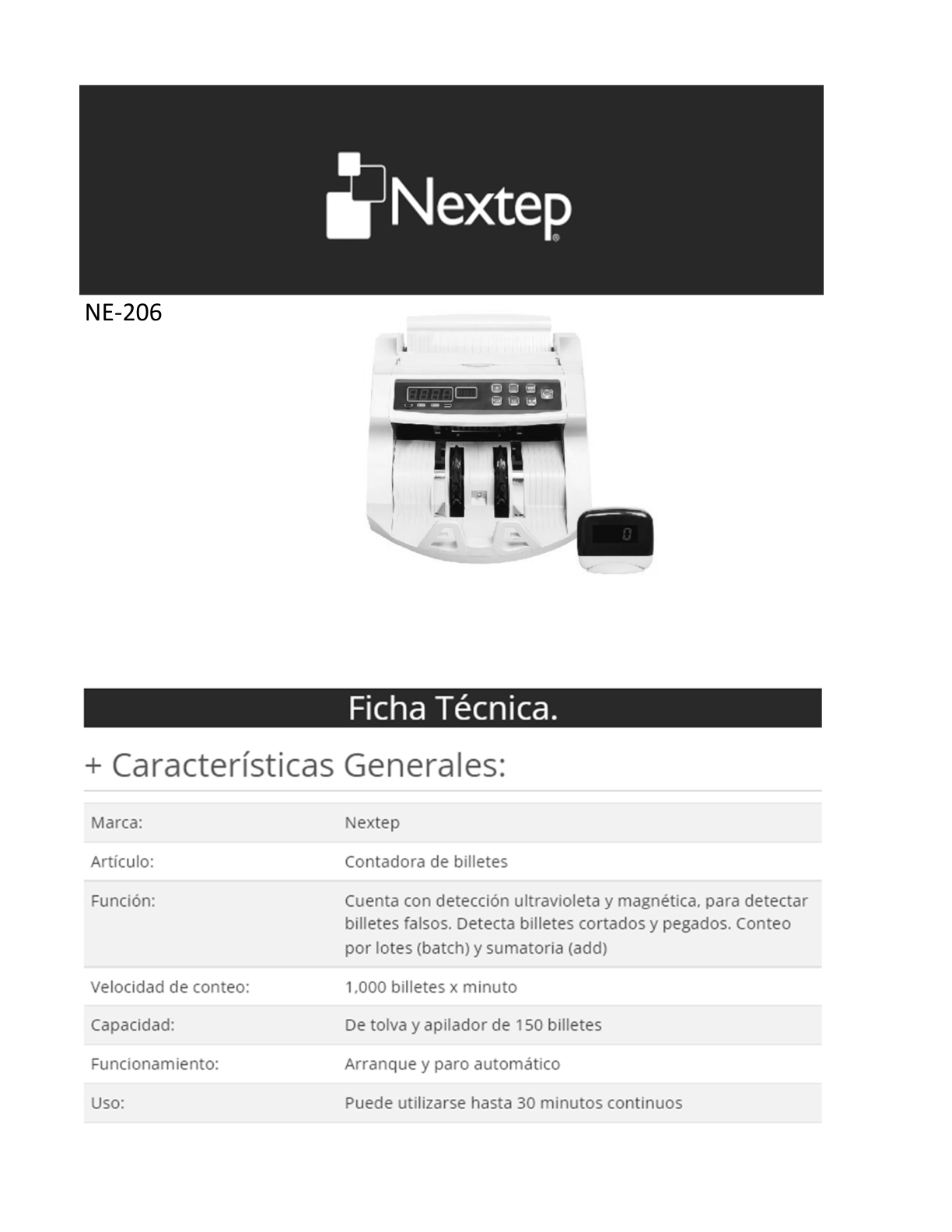 Contadora de Billetes Nextep con Detector Magnético Ultravioleta Blanca NE-206