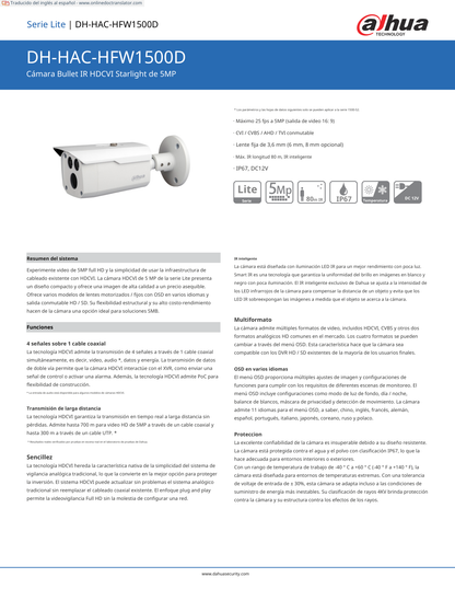 Camara dahua DH-HAC-HFW1500DN-0360B bullet 5 mpx lente 3.6 mm IR 80 m metalica  92 gds de apertura IP67