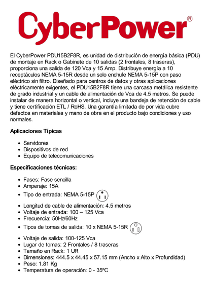 PDU Básico Para Distribución de Energía, Con 8 Tomas NEMA 5-15R Traseras y 2 Tomas 5-15R Frontales, 1UR, 15 Amp, 120 Vca