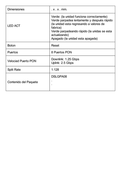 Tarjeta de Servicio 8 Puertos GPON para OLT DSP8000X2 / Spliteo de 1:128 / Conexión de Hasta 1024 Clientes / Distancias de Hasta 20 Km / Intercambio en caliente