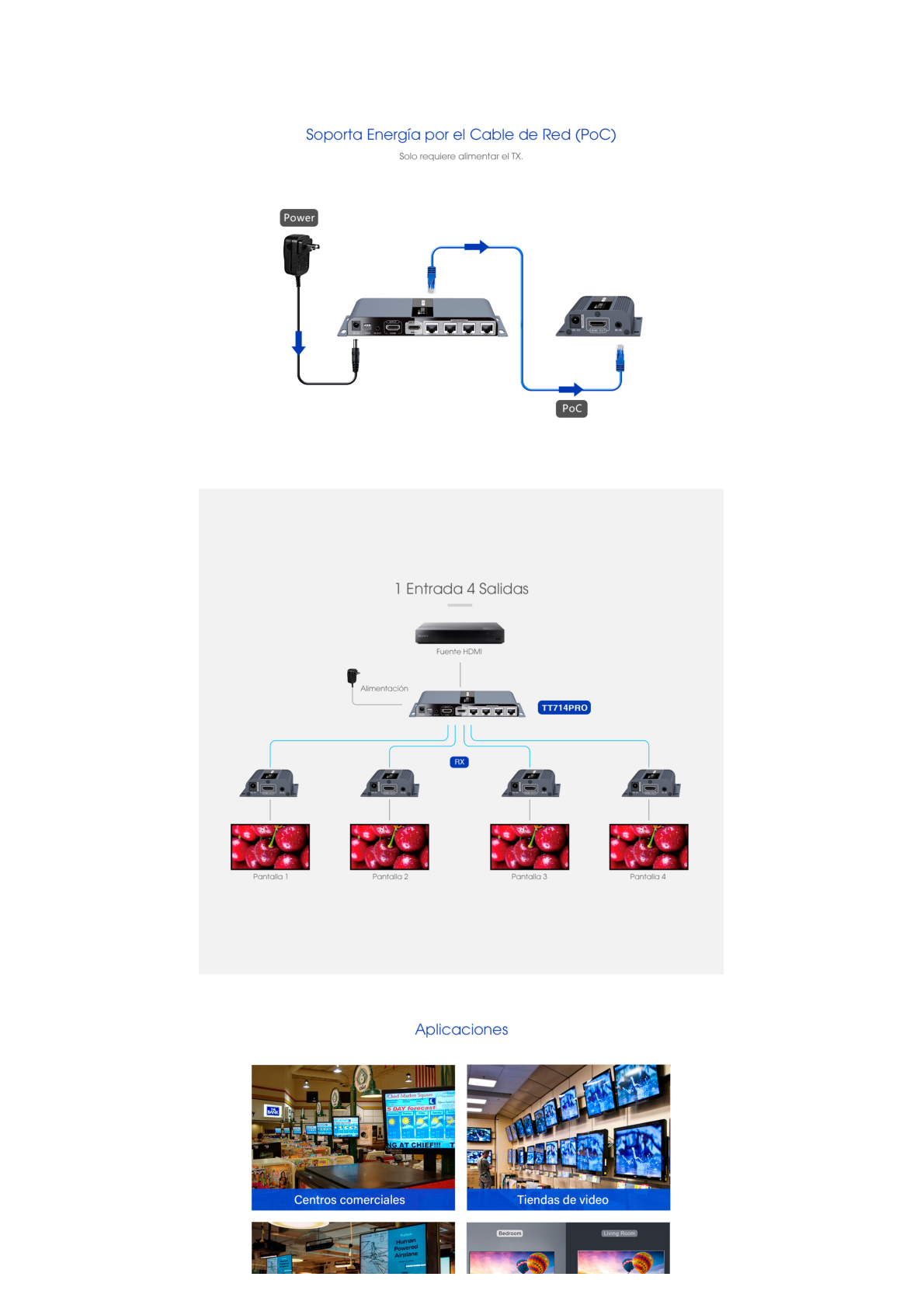 Kit Divisor y Extensor HDMI (Extender Splitter)  / Divide 1 Fuente HDMI a 4 Pantallas / Extiende la señal HDMI hasta 40 m / Resolución 1080P @ 60 Hz / Cat 6/6a/7 / Cero Latencia / Salida Loop en el Tx / IR / Alimente solo el Tx (PoC).