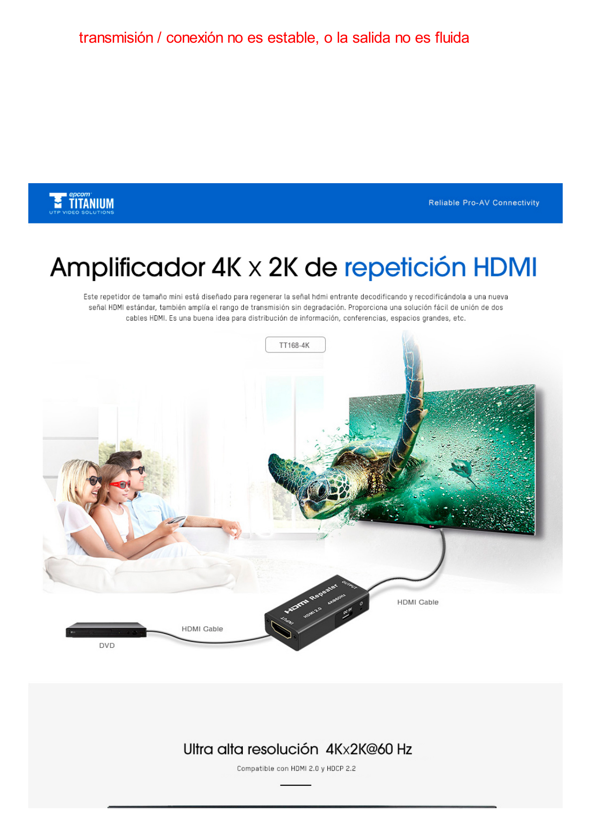 Adaptador HDMI para Amplificar o Repetir la señal de los cables HDMI (Booster) a una distancia de 40 metros / Soporta resoluciones  4K x 2K.