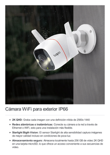 Cámara IP 4 Megapixel (2K) / Lente 3.18 mm / Wi-Fi / 30 mts IR / Exterior IP66 / Audio Bidireccional / Micro SD  hasta 256 GB / Compatible con Google y Alexa