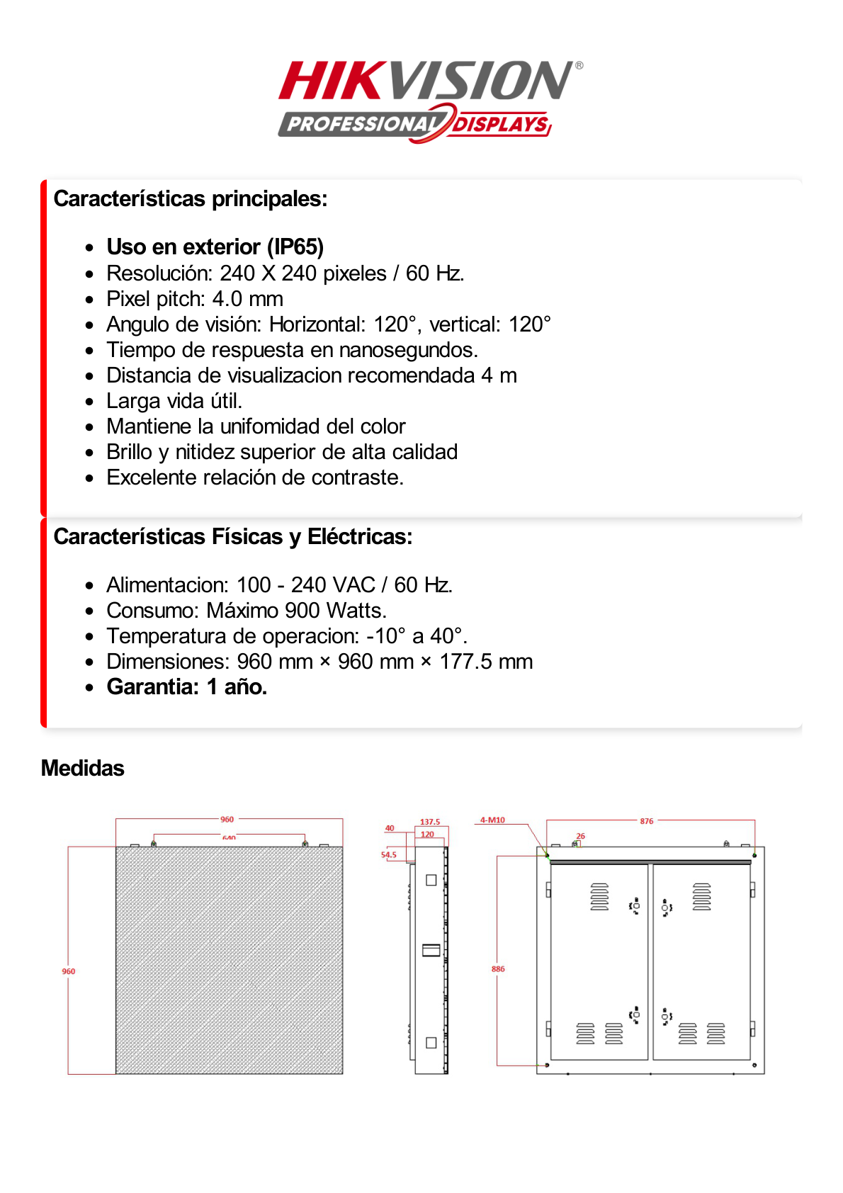 Panel LED Full Color para Videowall / Pixel 4 mm / Resolución 240 X 240 / Uso en Exterior (IP65) / Publicidad en Exterior