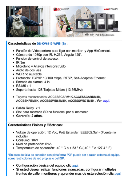 Videoportero IP 2 MP / PoE Estandar / IP65  / Apertura desde Hik-connect / Soporta 1 Departamento y Hasta 6 Monitores / Soporta Tarjetas Mifare / 1 Salida Relay