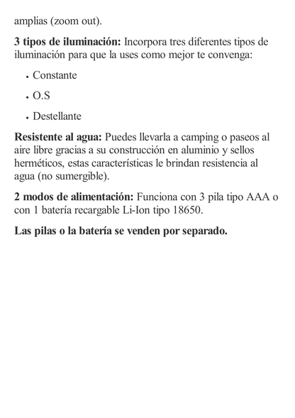 Linterna LED de Aluminio, 800 Lúmenes, IPX4, Resistente al Agua