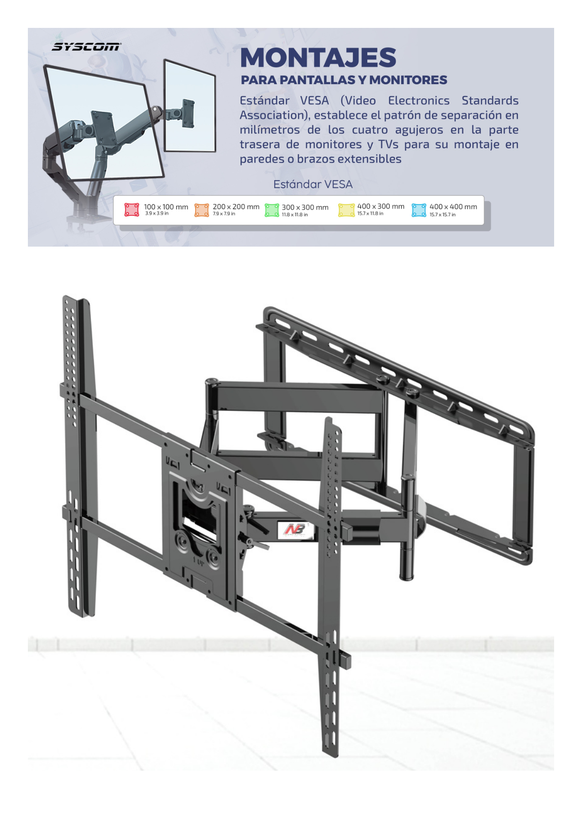 Montaje de Pared Universal Giratorio para Monitores de 75-110 " / Soporta hasta 90.9 Kg / Vesa 800 x 600 / 400 x 400 / Acero / 10° de Inclinación