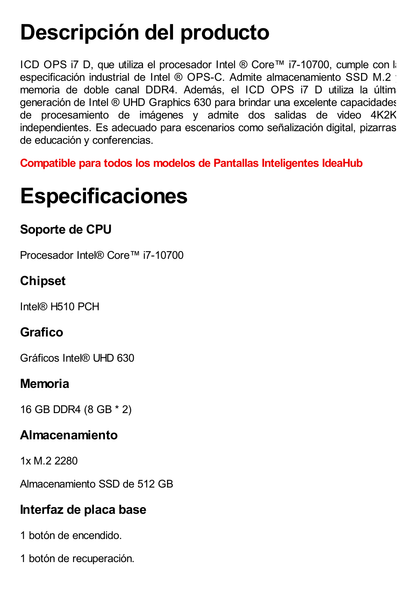 OPS I7-10700 para HUAWEI Ideahub B3 (65/75/86 pulgadas) DDR4 16GB, 512GB SSD, Windows 10 - IOT Entreprise SAC.