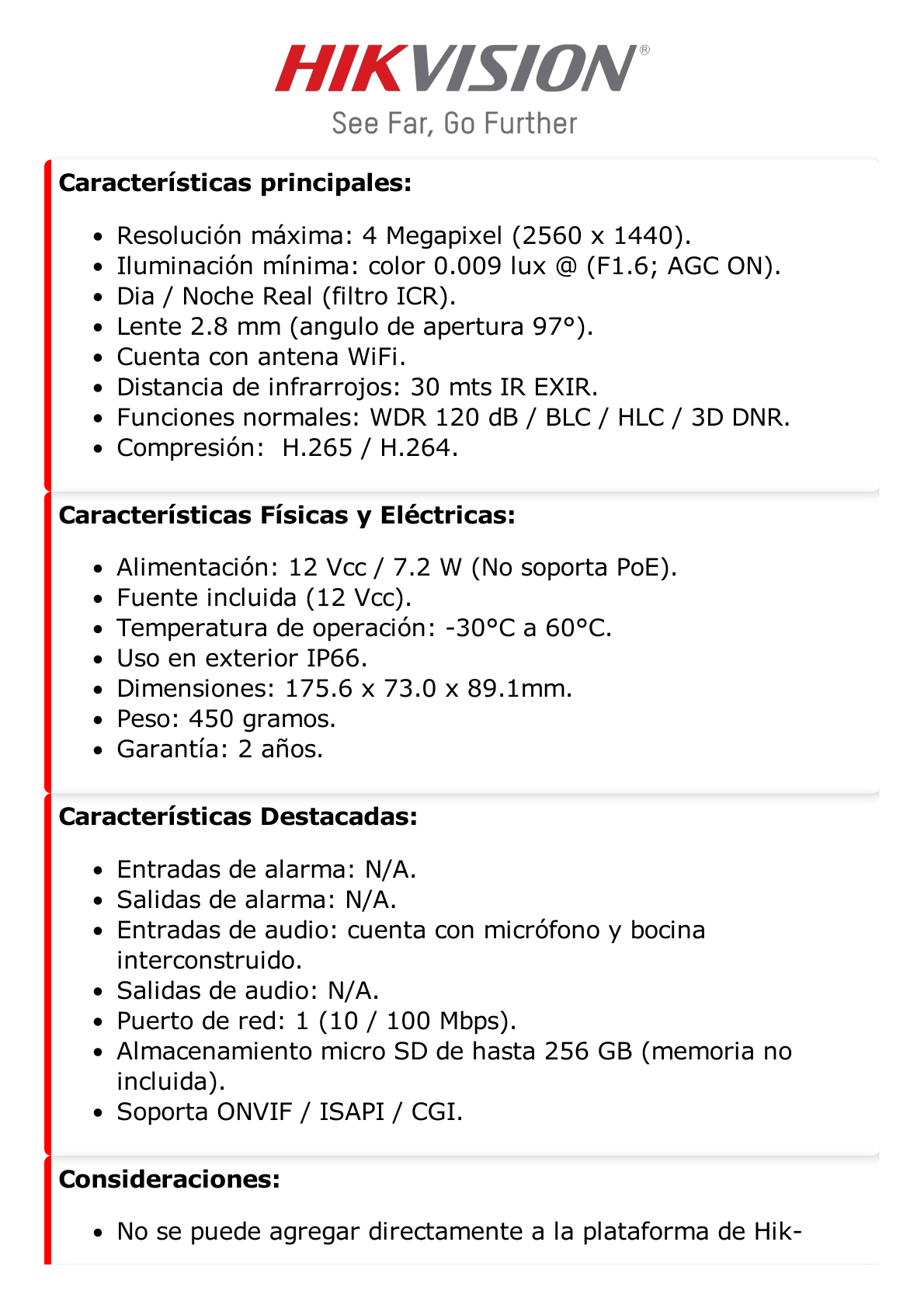 Bala IP 4 Megapixel / Lente 2.8 mm / 30 mts IR / Exterior IP66 / Wi-Fi / WDR 120 dB / H.265 / Micrófono y Bocina Interconstruido / MicroSD