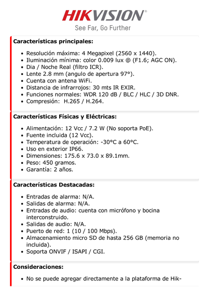 Bala IP 4 Megapixel / Lente 2.8 mm / 30 mts IR / Exterior IP66 / Wi-Fi / WDR 120 dB / H.265 / Micrófono y Bocina Interconstruido / MicroSD