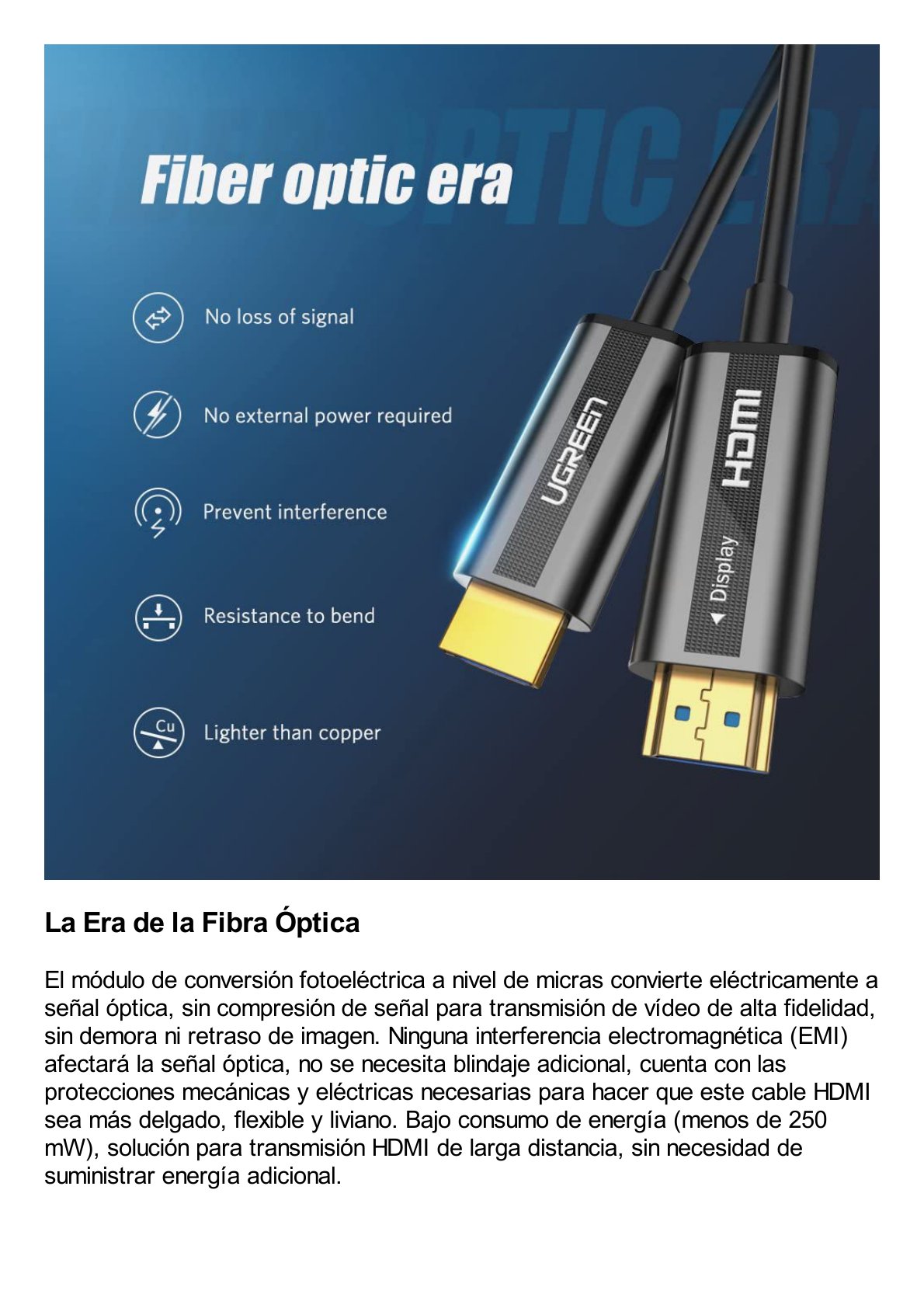 Cable HDMI de 30 Metros por Fibra Óptica 4K@60Hz | Fibra de 4 núcleos + Cobre estañado de 7 núcleos | Compatible con HDMI 2.0 | Alta velocidad 18 Gbps | 3D | HDR | Carcasa de  Zinc | Premium | 2 Años de Garantía.