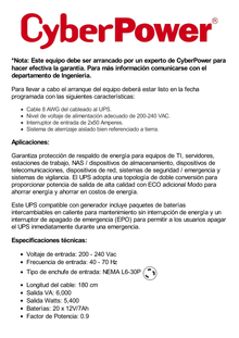 UPS de 6000 VA/5400 W, Online Doble Conversión, 200 - 240 Vac de Entrada NEMA L6-30P, 120 - 240 Vac de Salida, Onda Senoidal Pura, Torre o Rack de 8 UR, Con 6 Tomas NEMA 5-20R, 2 NEMA L6-20R y 1 NEMA L6-30R