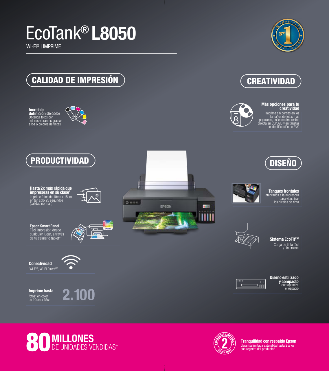 Impresora Epson EcoTank Fotográfica L8050 Tinta Continua 22ppm Negro y Color A4/Carta USB/Wi-Fi/Wi-Fi Direct